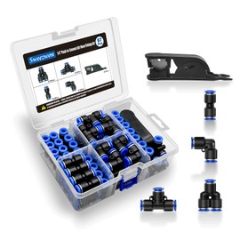 Sweezwon 67Pcs 1/4" Push to Connect Air Hose Fittings Kit, Pneumatic Quick Connects (15 Splitters+15 Tees+16 Elbows+20 Straights) + Tubing Cutter, Air Line Fittings for 1/4" Tube