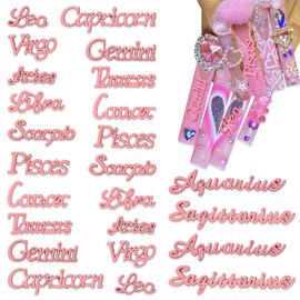 YECIRALA 2 Set 24 Pcs Pink Letters Zodiac Nail Charms Twelve Constellation Charms Set Alloy Nail Charms Letters Nail Zodiac Charms for Nail Art Decoration for Nails Design Charms Zodiac Nail Jewels