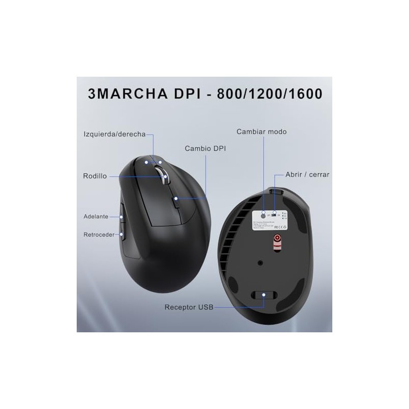 DQST Ratón Vertical Ergonómico Inalambrico Recargable -3 Niveles dpi (800-1600)-Compatible