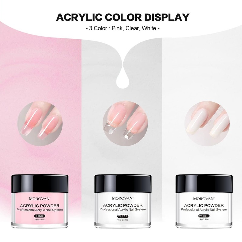 Morovan Acrylic Nail Kit: Clear Pink White Powder and Professional