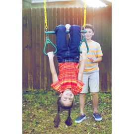 Jungle Gym Kingdom 18" Trapeze Swing Bar Rings 48" Heavy Duty Chain Swing Set Accessories & Locking Carabiners (Green)