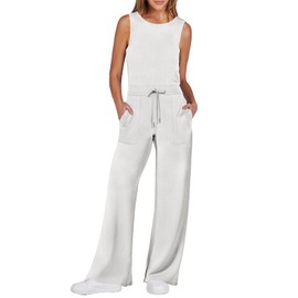 ANRABESS Womens Jumpsuits 2024 Casual Summer Dressy Romper Sleeveless Wide Leg Long Pants Outfits Fashion Travel Clothes White X-Large