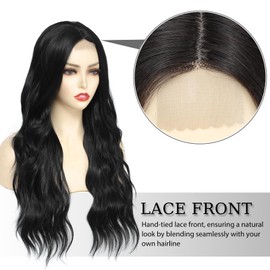 Yamel Long Black Wig Synthetic Natural Long Hair Wig 26 Inch Adjustable Curly Wavy Middle Part Lace Front Wigs for Women