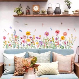 FUFUQUARE Garden Flower Wall Stickers Colorful Dragonflies Floral Wall Art Decals for Girls Bedroom Living Room Door Furniture Décor