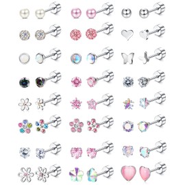 YADOCA 24 pairs Hypoallergenic Screw Back Earrings for Women Girls Surgical Steel Cute CZ Heart Flower Pearl Ball 4mm Tiny Flat back Screwback Stud Earring set