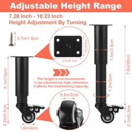 WOPPLXY 4 Pcs 7-10 Inch Metal Adjustable Furniture Legs with Swivel Caster Wheels, Heavy Duty Replacement Support Legs, Metal Legs for Table with Wheels for Cabinet/Sofa/Bed/Dresser/Couch/Coffee Table