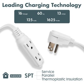 PALARINE Flat Plug Extension Cord with 3 Outlets Extender, Indoor Extension Cord Power Strip, 16 Gauge 1FT White 3 Prong, 16/3 SPT-3 13A, UL Listed