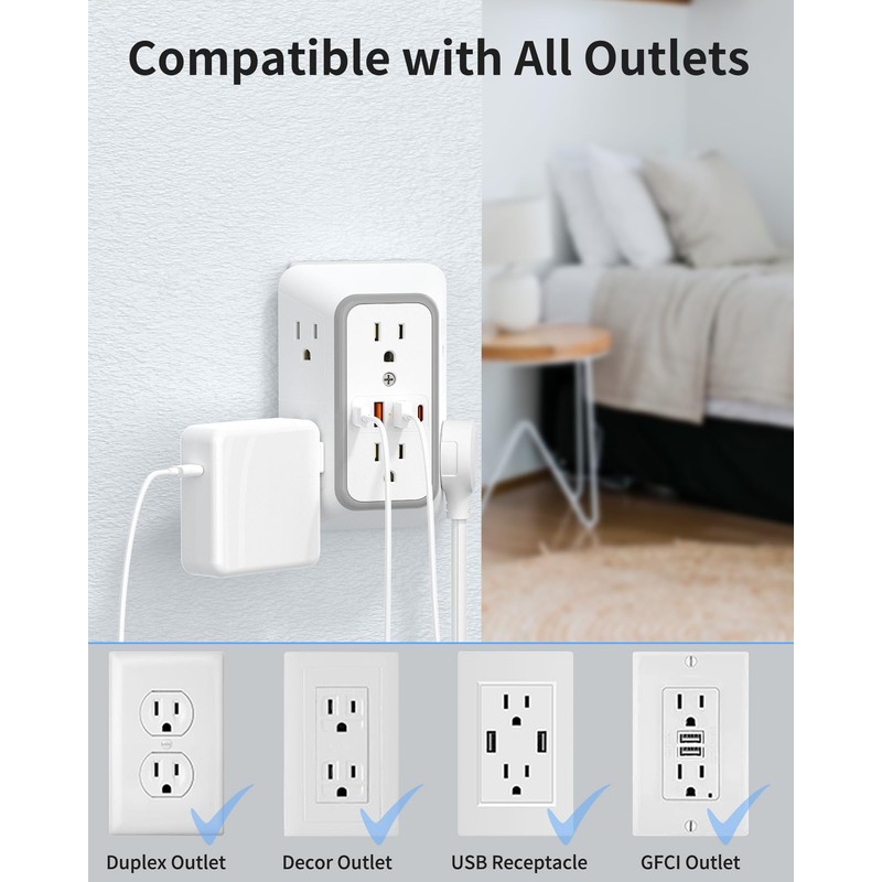 Outlet Extender 6 AC Surge Protection 1050J,Wall Charger 2 USB