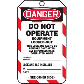 Accuform MDT241CTP PF-Cardstock Lockout Tag, Legend "Danger DO NOT Operate Equipment Locked-Out", 5.75" Length x 3.25" Width x 0.010" Thickness, Red/Black on White (Pack of 25)
