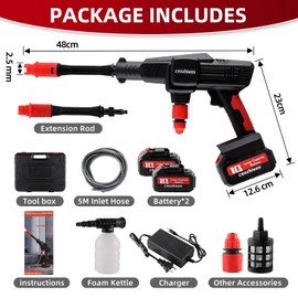 Cordless Pressure Washer Portable Electric Power Washer, Maximum 1160PSI, 2.2GPM, with 3-in-1 Nozzle, Rechargeable Backup Battery. Used for car, Home Cleaning, Garden Watering (2 Set of Batteries)
