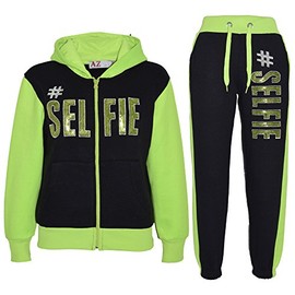 A2Z 4 Kids #SELFIE Tracksuit Sequin Embroidered Hoodie - T.S #SELFIE Black & Neon Green 9-10