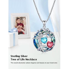 Aquamarine and Ruby Necklace Sterling Silver Tree of Life March and July Birthstone Necklace Jewelry Christmas Mothers Day Birthday Gifts for Women Her Girlfriend Wife Sister Mom