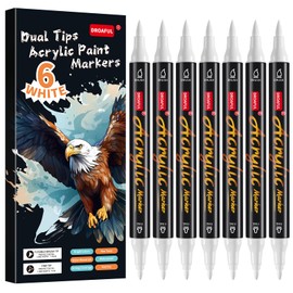 Droaful White Acrylic Paint Pens Markers, 6 Pc Dual Tips Waterproof Paint Markers For Rock Painting, Fabric, Metal, Glass, Wood, Canvas, Ceramic, Pumpkins, Eggs, Plastic, Non-Toxic & Odor