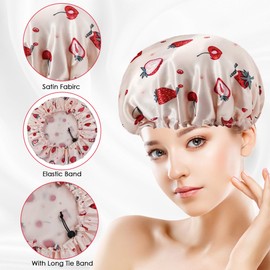 Adorila Large Reusable Shower Caps, Double Layer Elastic Shower Cap for Women, Waterproof Adjustable Hair Bath Caps for Long Hair, Braids (Pink Strawberry, Cute Bear)