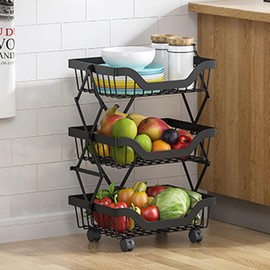 BEEY Fruit Vegetable Storage Basket 3 Tier Kitchen Storage cart on Wheels Foldable Rolling Storage Cart for Kitchen, Bathroom, Pantry