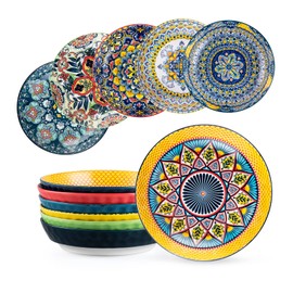 HENXFEN LEAD Pasta Salad Bowls Set of 6, Wide and Shallow Serving Bowls for Kitchen 32 Oz - 8 Inch Porcelain Soup Bowl, Pasta Plates Dishwasher & Microwave Safe - Bohemian style