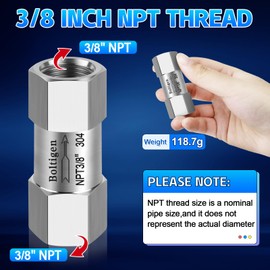 Boltigen 3/8inch NPT Spring Check Valve, Stainless Steel 304 One Way No Return Check Valve, Air Compressor Check Valve Backflow Prevent, Inline Poppet Check Valve for Horizontal, Vertical Installation