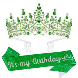 VELSCRUN Green Crystal Birthday Tiara Crowns for Women Girls It's My Birthday Sash Queen Girls Princess Crown with Combs Happy Birthday Party Decorations Mom Sisters Birthday Gift Hair Accessories