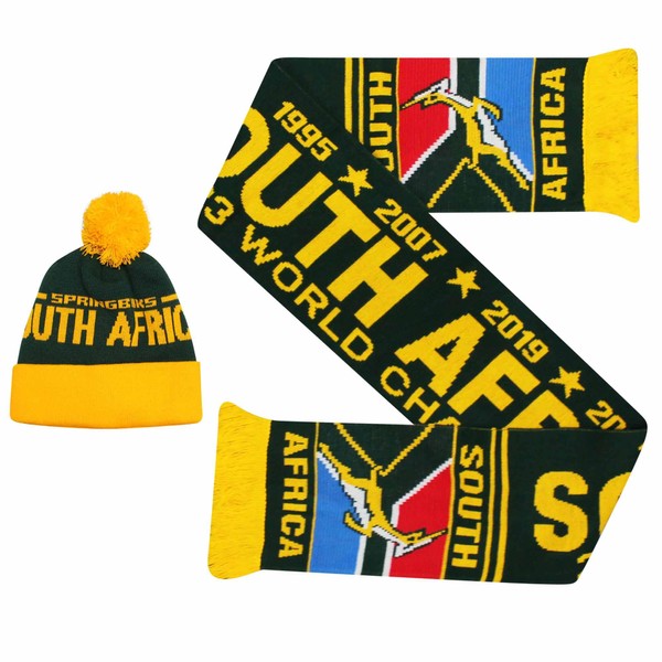 GIFTS 4 ALL South Africa Springboks 2023 Rugby World Champions Hat & Scarf Set, South Africa 2023 World Cup Winners Scarf, South Africa Champions Ski Hat Multicoloured