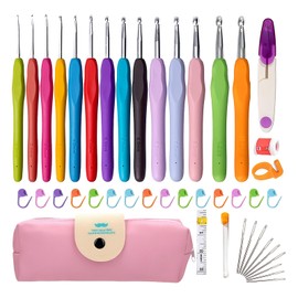 45PCS Crochet Hook Set, 14 Sizes Crochet Kit for Beginners with Ergonomic Soft Grip Handles, Crochet Needle Kit with Pink Case for Crocheters