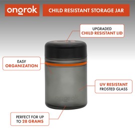 ONGROK Glass Storage Jar, 500ml, 2 Pack, UV Herb/Spice Jar with Child Resistant Lid, Color-Coded Glass Containers Air Proof to Preserve Smell and Aroma, Perfect Size to Store in a Drawer or Cupboard