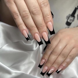 Medium Press on Nails Square Fake Nails Full Cover Black French Tip False Nails with Design Stick on Nails Artificial Acrylic Nails Glossy Nude Glue on Nails for Women Girls Manicure 24pcs…