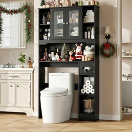 FACBOTALL Over The Toilet Storage Cabinet, Over Toilet Bathroom Organizer with 2 Glass Doors & Paper Holder, Bathroom Shelves Over Toilet with Adjustable Shelves for Restroom and Laundry Room, Black