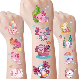 JoyAura Axolotl Temporary Tattoos for Kids - 8 Sheets 200 Pcs Pink Birthday Party Decorations Cute Reptile Animals Salamander Face Tattoo Stickers for Girls Rewards Gifts