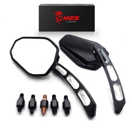 MZS Motorcycle Mirrors, Universal 10mm 8mm Motorbike Handlebar Rear View Side Mirror with Hollow Rod Accessories Black fit for Touring Cruiser Street Naked Bike Scooter