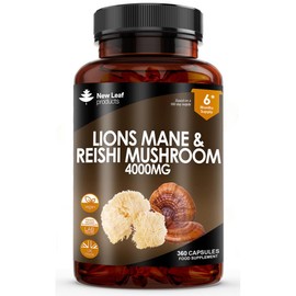 NEW LEAF PRODUCTS Lions Mane & Reishi Mushroom Capsules - High Strength 4000mg Lions Mane Supplement with Reishi - 360 Vegan Lions Mane Mushroom Powder + Reishi Mushroom Capsules - Made in UK by New Leaf
