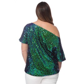 Anna-Kaci Women's Plus Size Sequin Sexy One Shoulder Short Sleeve Party Club Top, Mermaid, 2X-Large