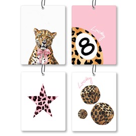 Exqcom Pink Trendy Leopard Car Air Freshener 4 Pcs, Coquette Lucky 8 Ball Star Dice Cheetah Print Hanging Scents Air Freshener for Women Girls Gifts, Cute Scented Car Accessories Decor for Girls Dorm