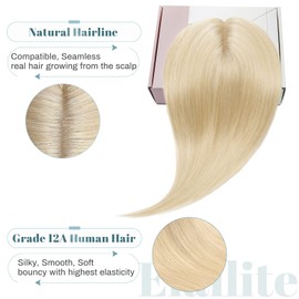 Elailite Clip-In Hair Topper, Women's Toupee Hairpiece, Real Hair, Blonde, 15 cm, 27 g, Clip-In Extensions Hairpiece, 130% Density, Remy Silk Base, Straight, 6 Inches, #613 Bleached Blonde