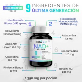 Oby NAD+ Infinity 9 Ingredientes | Combinación Superior de NMN + NR Nicotinamida Ribosa con Resveratrol ≥99%, Astaxantina, CoQ10, Quercetina, Ala, Pip