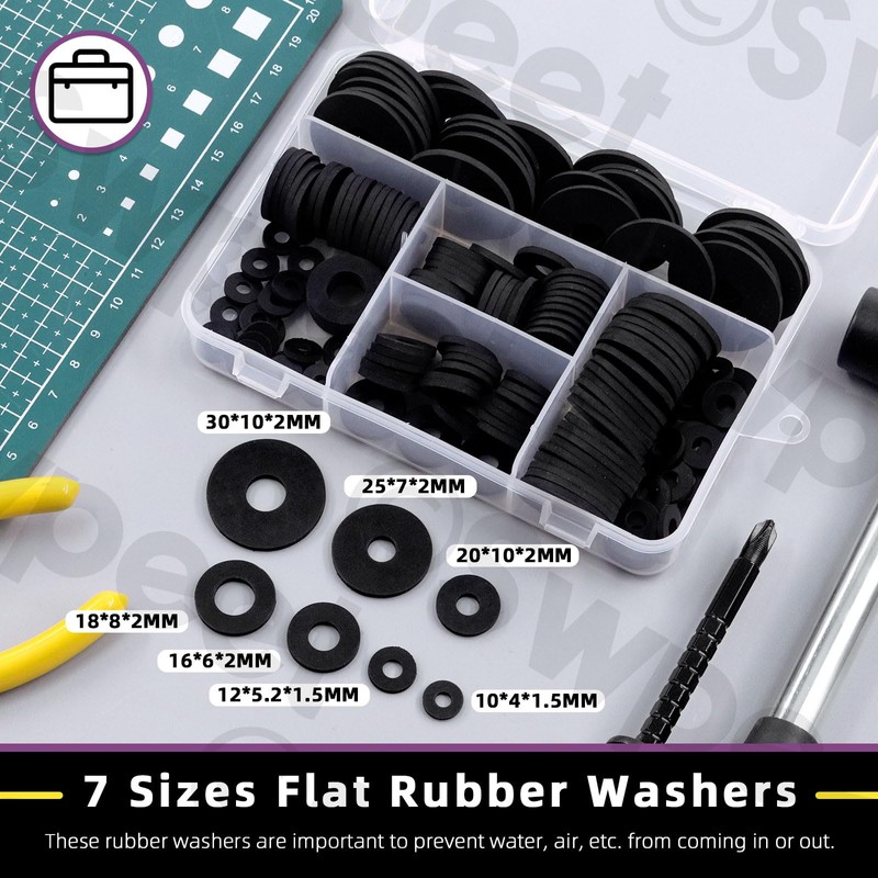 Swpeet 175Pcs 7 Sizes Flat Rubber Washers Assortment Kit, Heavy