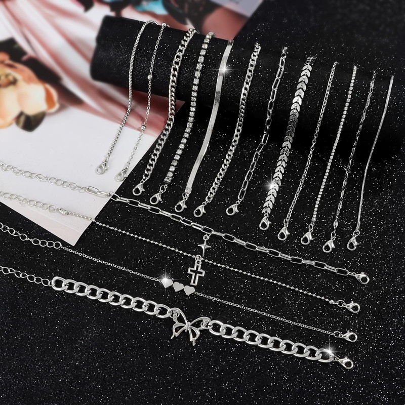 IXNEOP 16 Pcs Gold/Silver Anklet Bracelets for Women Cuban chain