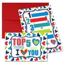 Amanda Creation Top 5 Things I Love About You Folded Cards Single (1) Valentine's Day Greeting Card or Anytime Love Note for Boys, Color Printed Inside and Outside, 4"x 6" (when folded)
