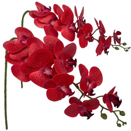 FagusHome Artificial Phalaenopsis Flowers Branches 9 Large Blooms Artificial Orchid Flowers Stem Plants 42 Inches 2 Pcs for Home Wedding Décor (Red Piebald)