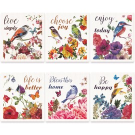 6 Pcs Swedish Kitchen Dishcloths Multi Purpose Kitchen Towel Flower Absorbent Dish Towels Soft Reusable Cleaning Dish Cloths Washable Decorative Tea Towels Bar Hand Towel (Birds and Words)
