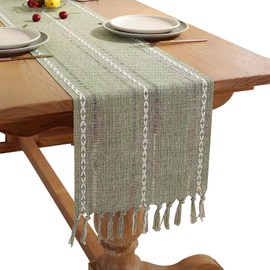 Tischläufer Salbeigrün, Quasten Tischläufer Boho Style, Tischband Eukalyptus Grün, Table Runner, Waschbar Küche Tisch Dekoration Party Geburtstag Hochzeit Dekor für Esszimmer Küche Party (33x143 cm)