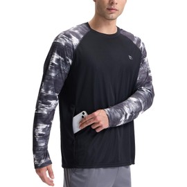 baleaf Rash Vest Mens with Zip Pockets Long Sleeve Rash Guard BJJ Swimming Shirts Quick Dry UPF 50+ UV Protection Black Coconut M