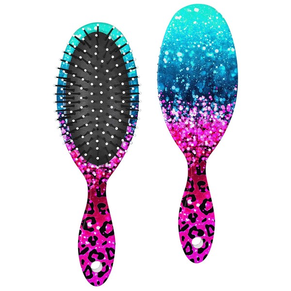 WIRESTER Detangle Hair Brush For All Hair Types, Comb Hair Brush for Girls Women Suitable for Wet and Dry Hair - Blue Glitter Sparkle With Black Pink Glitter Leopard