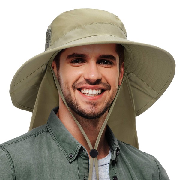 Tirrinia Mens Sun Hat with Neck Flap Wide Brim Fishing Safari Hiking Cap Olive