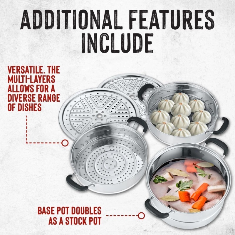 Concord 3 Tier Premium Stainless Steel Steamer Set (32 CM)