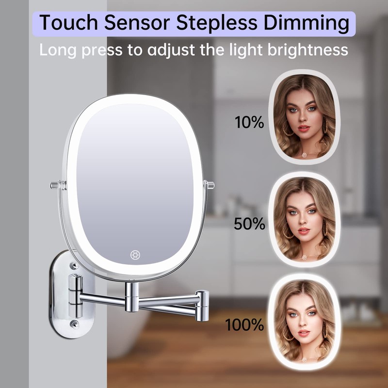 FUNTOUCH 9" Wall Mounted Lighted Makeup Mirror, Rechargeable Double Sided