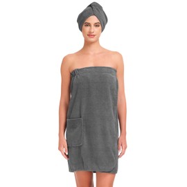 Knuffnee Women Wrap Towel Shower Spa Wraps Terry Cloth Bathrobe Adjustable Bath Wrap Grey S/M