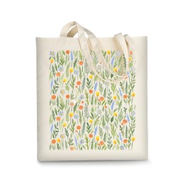 AUSVKAI Canvas Tote Bag Aesthetic for Women, Cute Green Wild Flower Reusable Cotton Bags for Shopping Beach Gifts