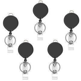 AMUU Name Tag Reel, Black, Set of 5, Clip Keychain, Extendable Wrap Recoil Ring, Stretchy Keychain, Pass Case, ID Card Holder, Max Length 63cm
