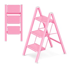 GameGem Pink Step Ladder 3 Step Folding, Small Step Stool for Women to Reach Higher Places, Widen 7.9Inch Pedal for Comfortable Use, Anti-Slip Foot for Safe Use, Sturdy and Fold Thin, 330Lbs Load