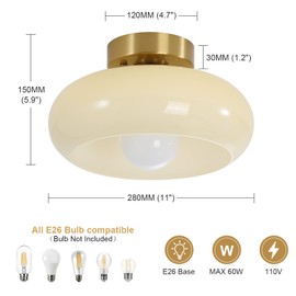 Yunnix Semi Flush Mount Ceiling Light Mid Century Modern Light Fixture Ball Glass Light Fixtures Gold Light for Kitchen Dining Room Hallway Globe Glass Light White 11.02 inch